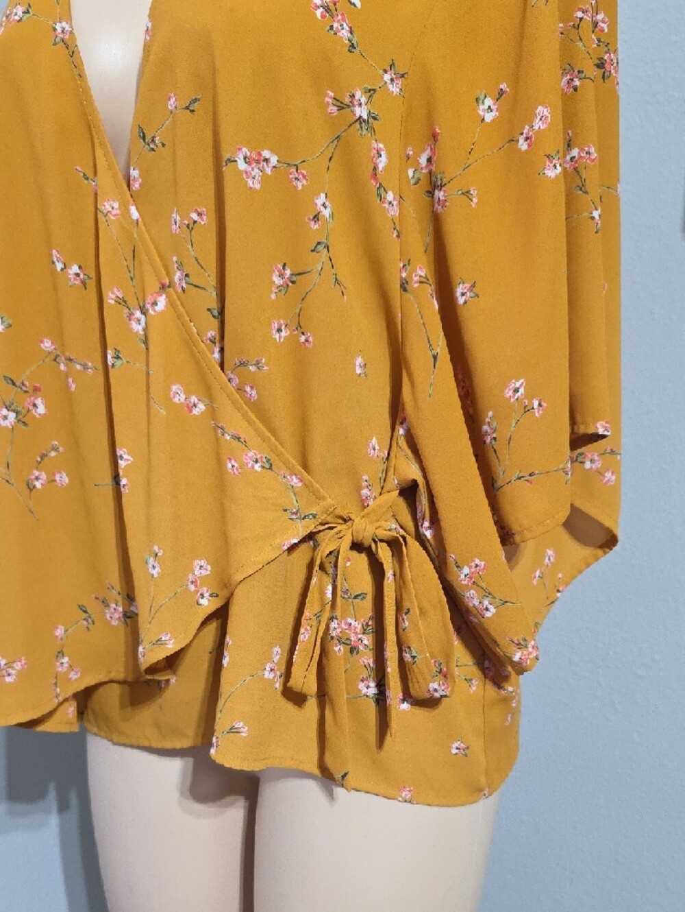 Express Mustard Floral Side-Tie Wrap Top Size L - Picture 5 of 12